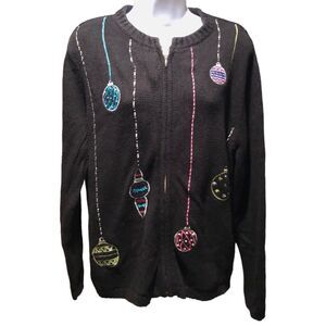 Croft & Barrow Full Zip Ornament Holiday Sweater, Black Embroidered Sweater sz L